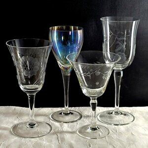 4 Mismatched Cordials Cocktail Glasses vtg mixed etched cut iridescent party